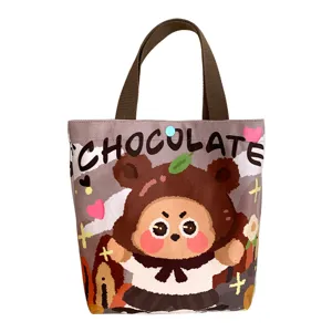 Cute cartoon bear canvas tote bag, stylish brown handbag, large capacity daily bento bag.