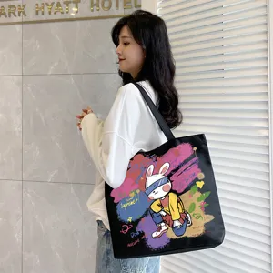 Canvas tote bag for women large capacity shoulder bag student casual style aesthetic black