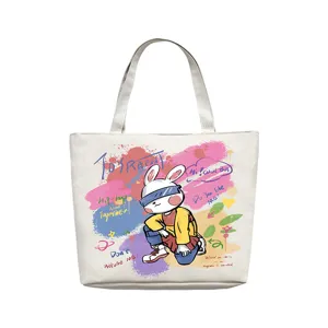 Large capacity canvas tote bag with trendy graffiti rabbit print for women daily use
