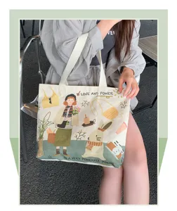 Canvas tote bag for women with original illustration print large capacity shoulder bag