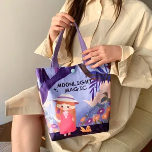 Cute cartoon canvas tote bag for women, large capacity student daily handbag with purple design.