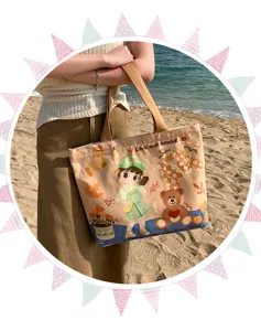 Original illustration canvas tote bag for women, large capacity shoulder bag for daily use.