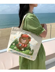 Cute bear illustration canvas tote bag for women, large capacity zipper shoulder bag.