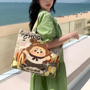 Canvas tote bag for women large capacity shoulder bag cute cartoon bear casual chic