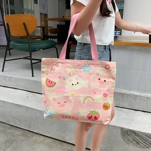Cute Pink Canvas Tote Bag Large Capacity Casual Shoulder Bag Sweet Cartoon Print Handbag