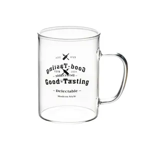 Clear glass mug with handle, heat resistant coffee cup, modern style drinkware for juice water beer.
