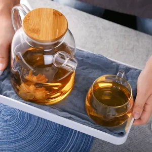 Borosilicate glass teapot set with wooden lid and tray, heat resistant for blooming tea.