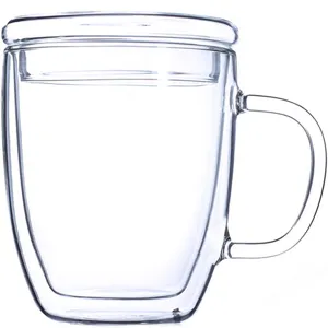 Klare doppelwandige Glastasse mit Deckel und Henkel hitzebeständige Kaffeetasse für Büro