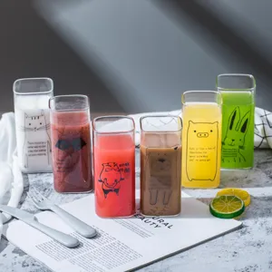 Creative square glass cup with cute animal prints and motivational quotes, heat-resistant milk mug.