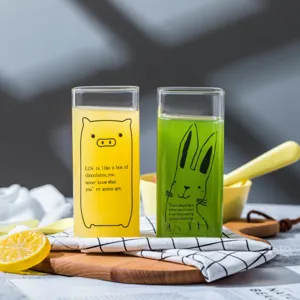 Cute square glass cup with animal print, heat-resistant breakfast milk juice cup for home use.