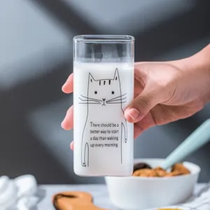 Cute square glass cup with cute cat print clear heat resistant milk cup for daily use