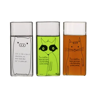 Cute square glass cup with cute animal print and quote design, perfect for morning milk or juice.