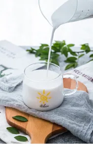 Detail shot of transparent heat-resistant glass coffee tea milk cup with handle and sun print.