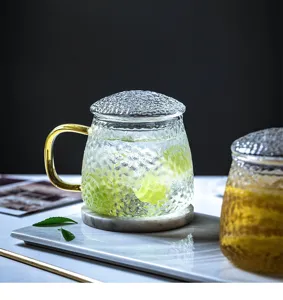 Japanese style hammered glass mug with gold handle lid and tray for home tea drinking simple style