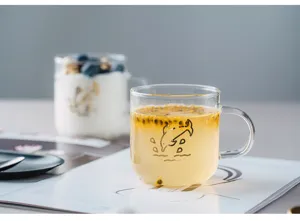 Japanese style heat resistant glass mug with handle for coffee, tea, juice and daily home use.