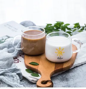 Clear glass coffee mug with handle, transparent heat-resistant cup for milk, Nordic style detail.