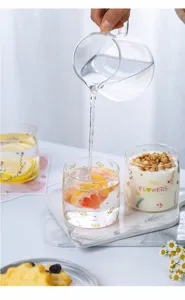 Klares Glasbecher-Set mit Blumenmuster, Hitzebeständige süße Morgenmilch-Joghurtbecher.