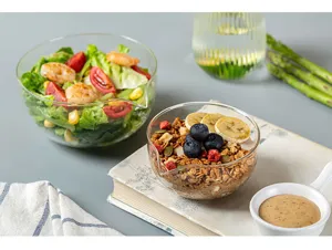 Clear heat-resistant glass bowl with pouring spout for dessert, salad, and baking prep use.
