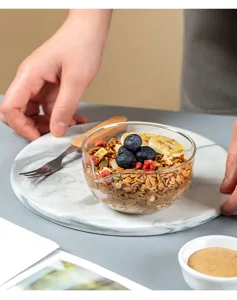 Heat-resistant glass bowl with pour spout for desserts, baking, sauces, and meal prep.