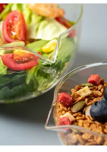 Clear glass pouring spout bowl detail shot, perfect for salad, dessert, and food prep.