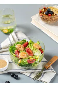 Clear glass bowl with pouring spout for dessert salad sauce baking prep microwave safe food container
