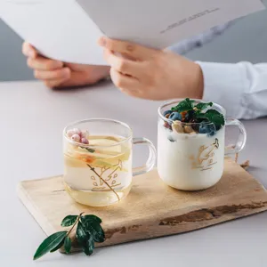 Japanese style heat-resistant glass water cup with handle for home, office, juice, and tea.
