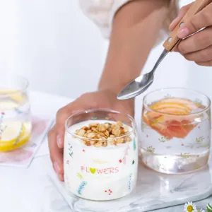 Minimalist Borosilicate Glass Tumbler Clear Heat Resistant Water Cup With Floral Botanical Print For Home Daily Use