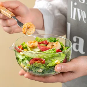 Clear heat-resistant glass bowl with pouring spout for dessert salad and baking prep use