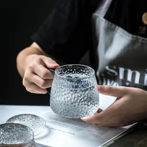 Japanese style hammered glass mug with handle, transparent aesthetic tea cup for home daily use.