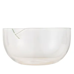 Heat-resistant glass bowl with pouring spout for baking, dessert, and sauce prep main view.