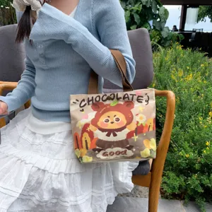 Cute cartoon canvas tote bag for women, large capacity casual handbag with cute bear print.