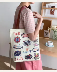 Große Canvas Tragetasche für Damen, lässige Schultertasche mit niedlichen Motiven.