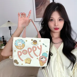 Cute cartoon canvas tote bag for women, large capacity handbag and lovely lunch bag.