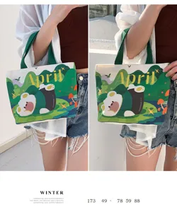 Korean style mini canvas tote bag with cute bear print and green handles for daily commute.