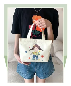 Piccola borsa tote in tela da donna, simpata stampa di cartoni animati, manici resistenti e capiente.