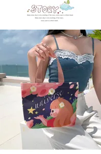 Cute cartoon universe print mini canvas tote bag for women, casual daily lunch handbag.