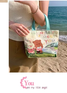 Korean style mini canvas handbag for women, cute cartoon print tote bag for daily commute.