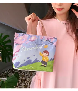 Korean style mini canvas tote bag cute cartoon printed handbag casual commuting lunch bag