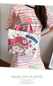 Borsa shopper in tela con stampa cartoon per donna, borsa casual con manici rosa.