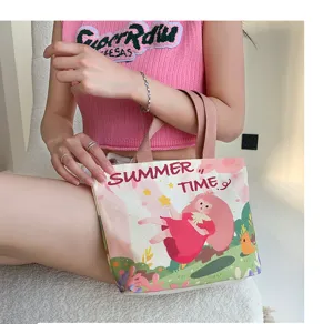 Mini canvas handbag for women, cute cartoon print tote bag, perfect summer commuter bag.