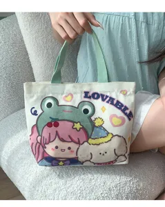 Vista dettagliata della borsa tote in tela con stampa di rana, borsa per il pranzo carina.