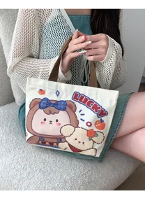 Simpatica borsa tote in tela con cartone animato per donne, borsa bento casual giornaliera.