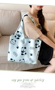 Cute cartoon panda canvas tote bag, casual large capacity shoulder bag for daily use.