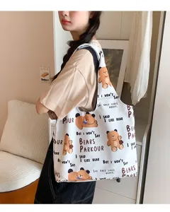 Cute cartoon canvas tote bag for women, large capacity thick casual shoulder shopping bag.