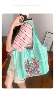 Green striped canvas tote bag with floral print, casual large capacity shoulder shopping bag.