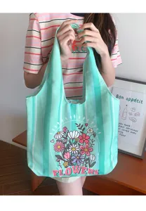 Green striped canvas tote bag with cute floral print, large capacity casual shoulder eco bag.