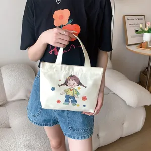 Mini Borsa a Mano in Tela da Donna Stampa Cartone Animato Piccola Borsa Tote Simpatica Borsa da Pranzo Grande Capacità con Cerniera
