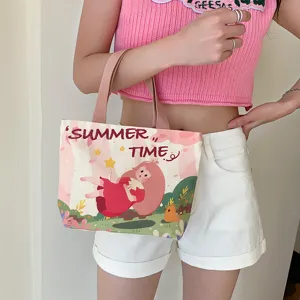 Korean style mini canvas tote bag for women, cute cartoon print casual handbag for commuting daily.