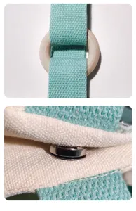 Canvas bag detail close-up featuring mint green strap, wooden ring and magnetic snap closure.