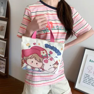 Piccola borsa shopper in tela da donna, stampa di simpatici cartoni animati con zip.